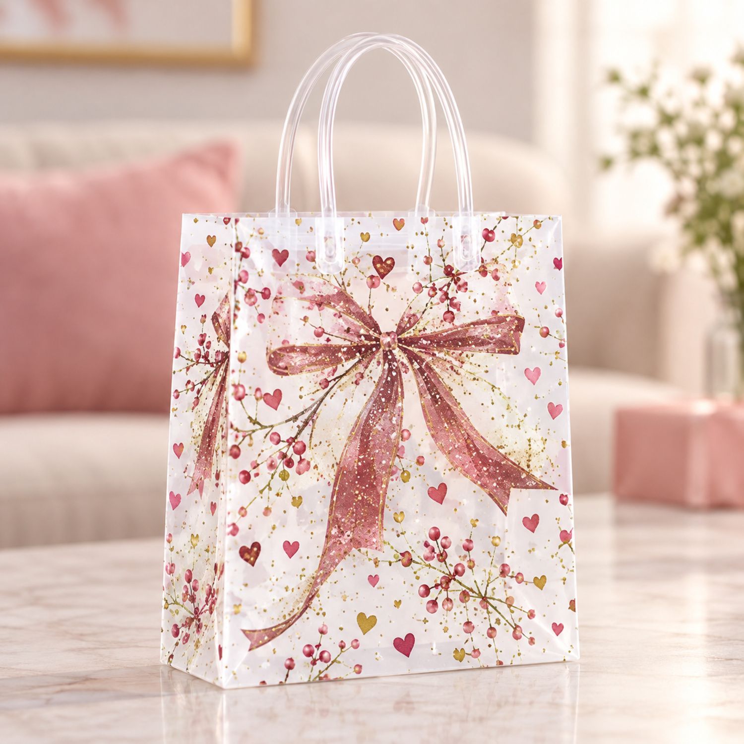 Clear Gift Bag Ribbon Design Medium Size {HL-707M} (600/cs)
