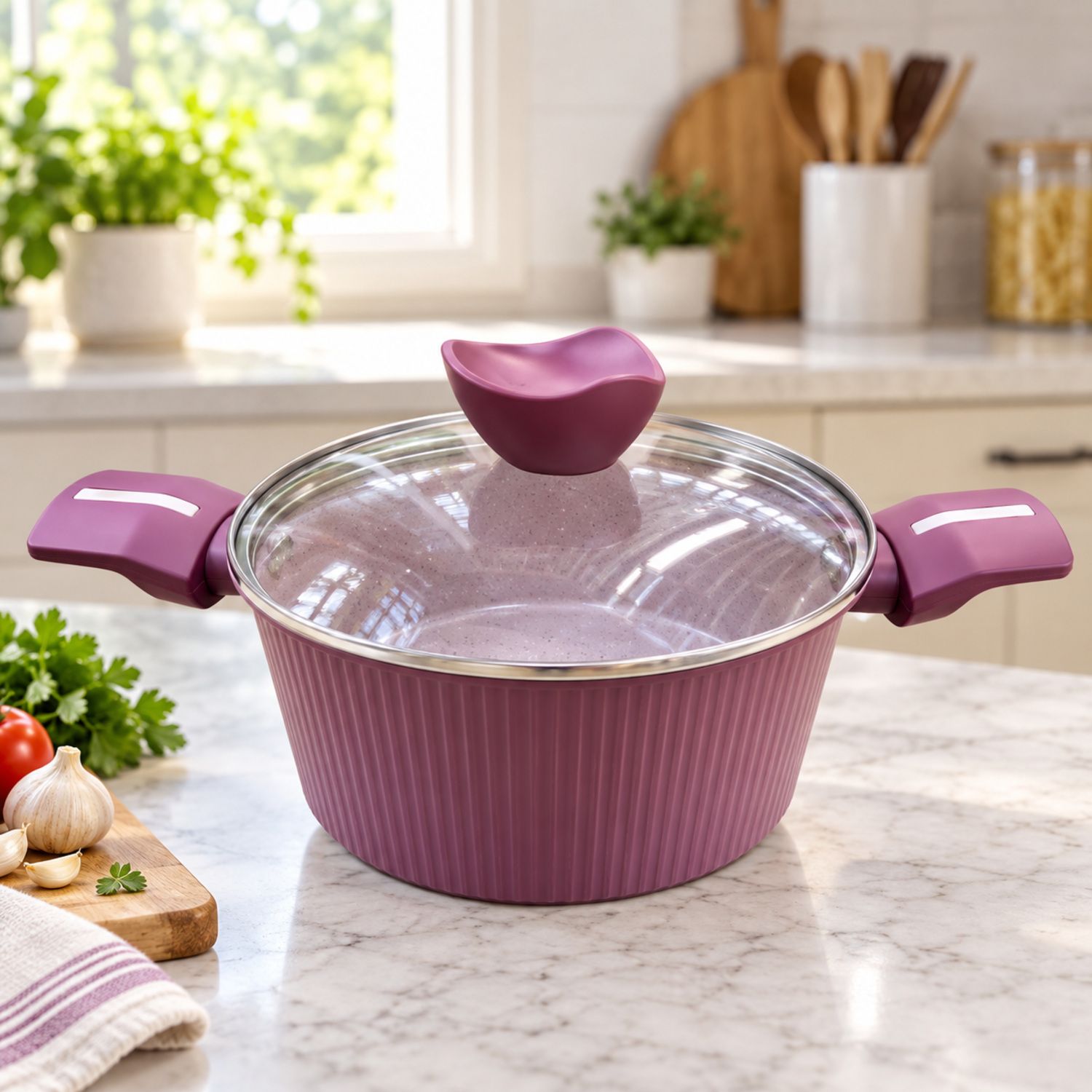 3 Liters / 22cm Ribbed Non Stick Pot Purple {NVA-95} (6/cs)