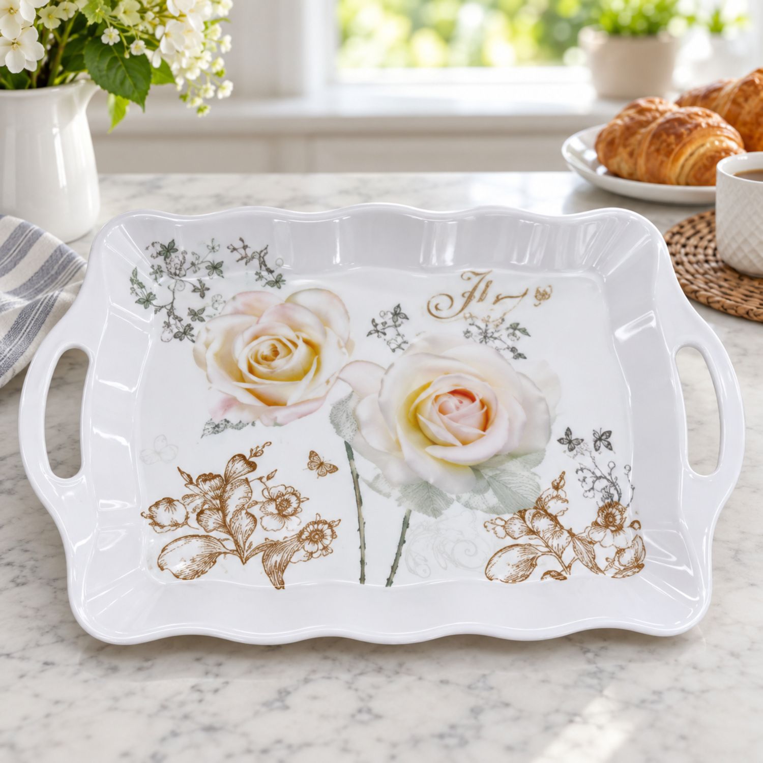 15" Melamine Coffee Roses Tray {T-620} (60/cs)