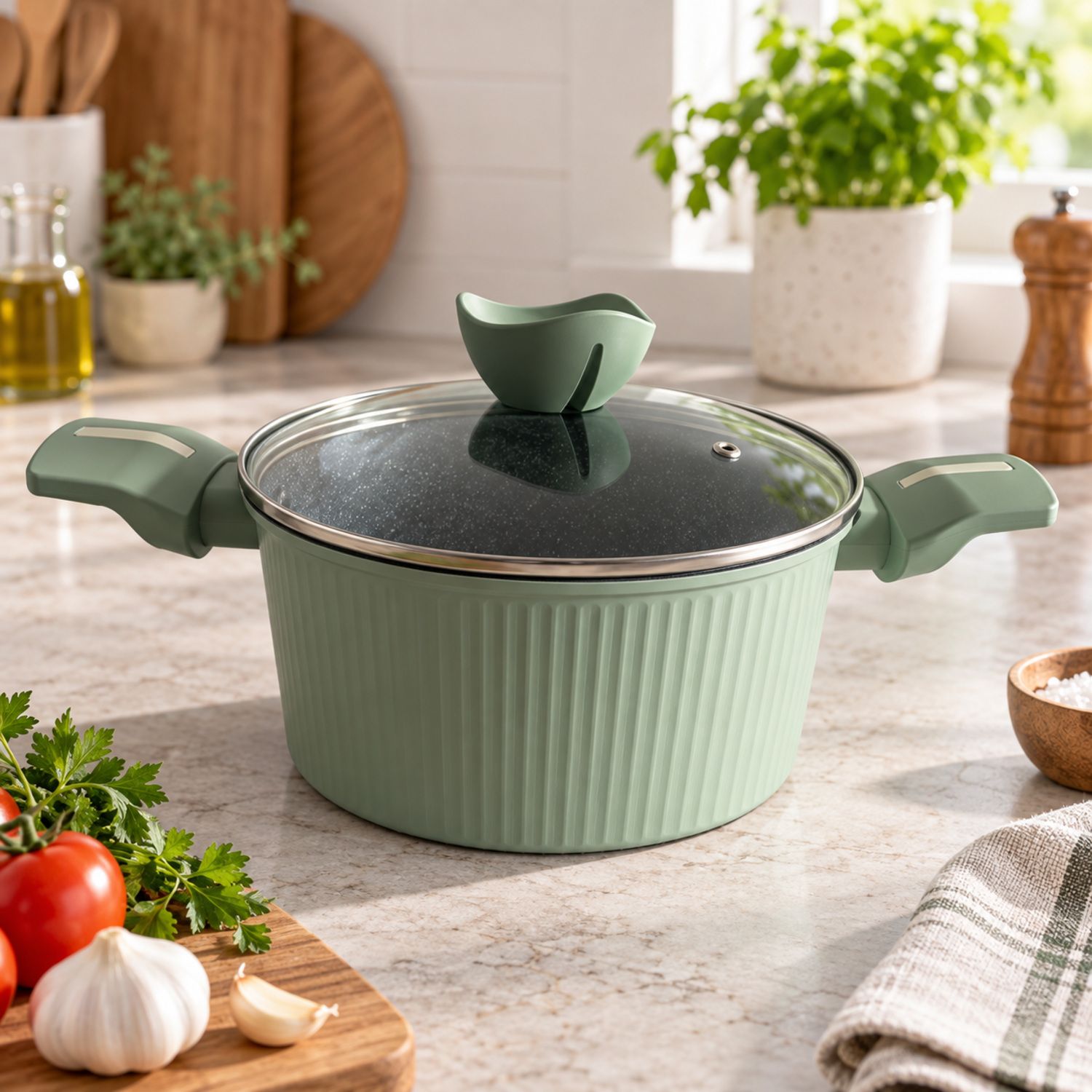 2.4 Liters / 20cm Ribbed Non Stick Pot Verde {NVA-98} (6/cs)
