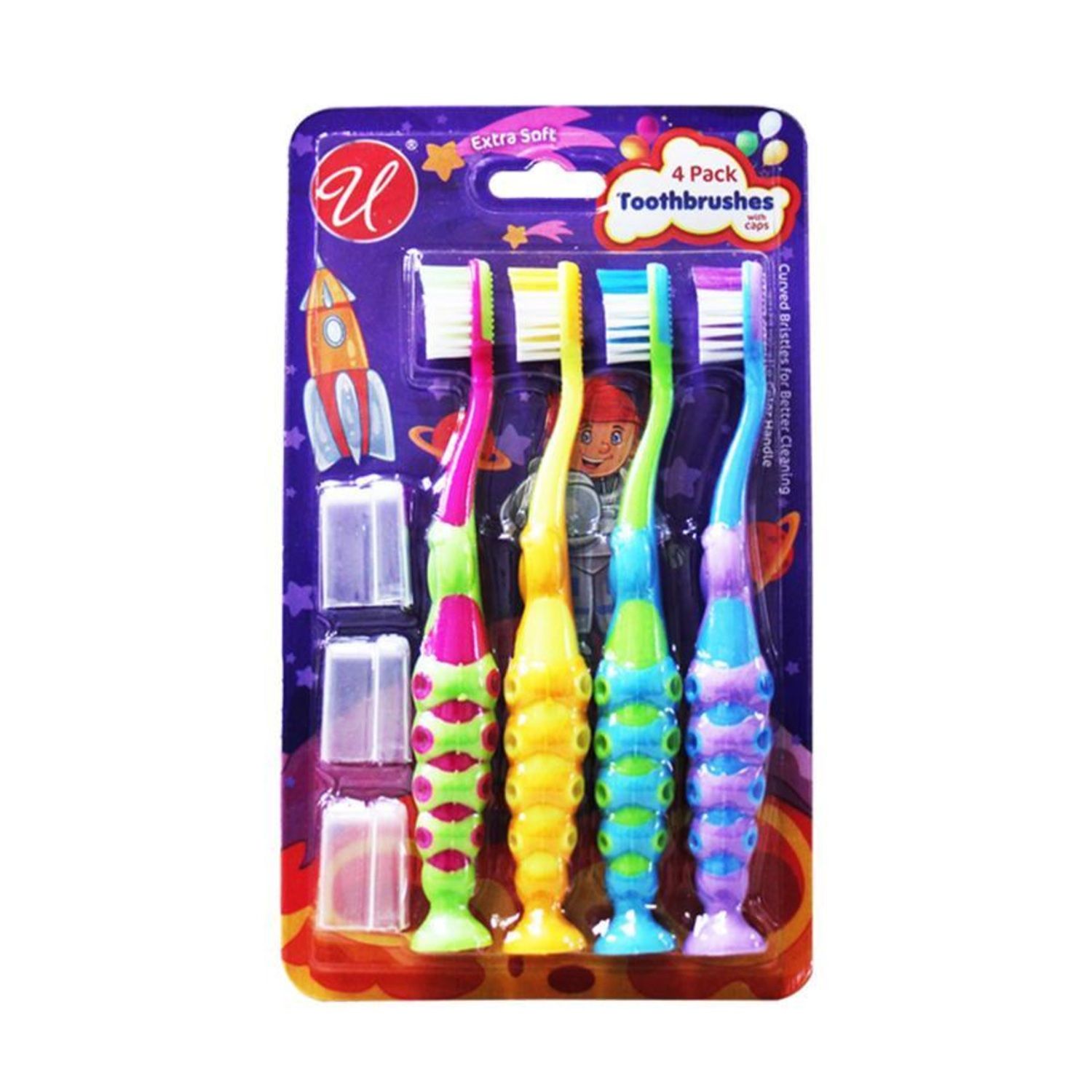 4 Pcs Tooth Brush Kids + 3 Caps Asst {56718} (48/cs)