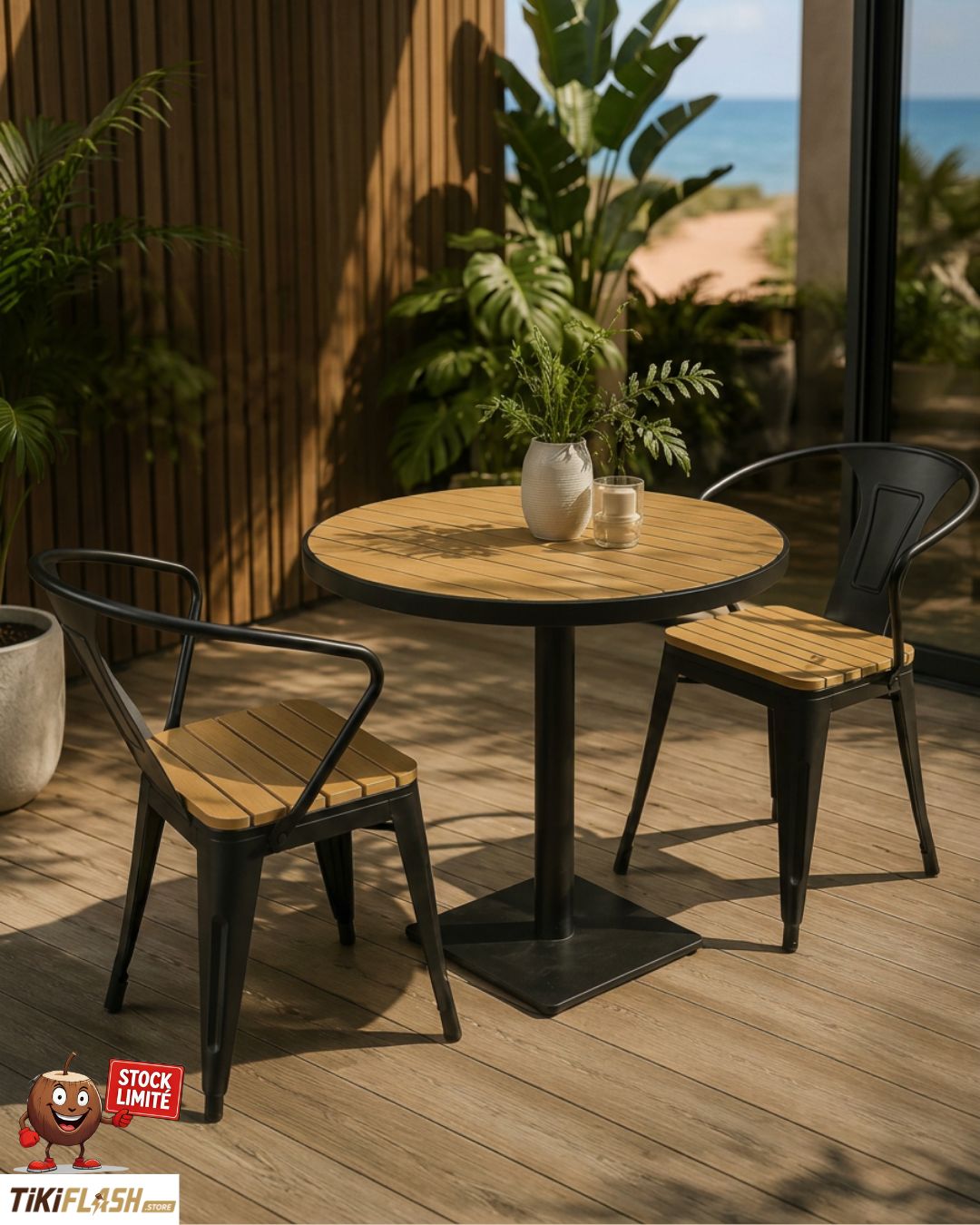 Ensemble table ronde et 2 chaises assorties en aluminium, acier et bois composite Ensemble table ronde et 2 chaises assorties en aluminium, acier et bois composite