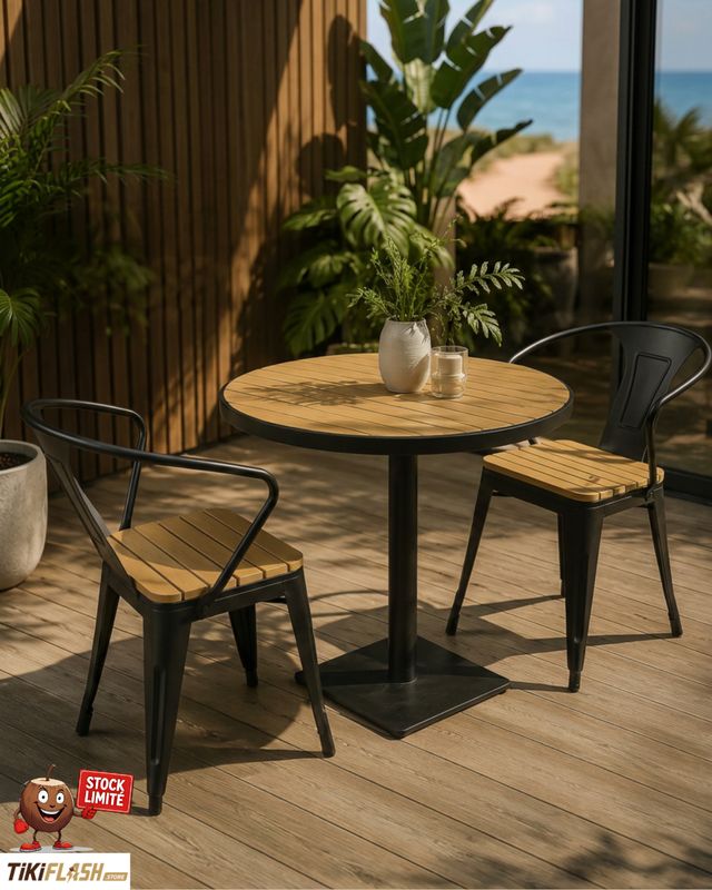 Ensemble table ronde et 2 chaises assorties en aluminium, acier et bois composite