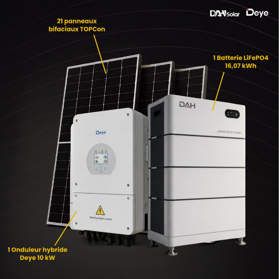 Kit solaire hybride 21 panneaux bifaciaux + onduleur 10 kWc + batterie 16 kWh