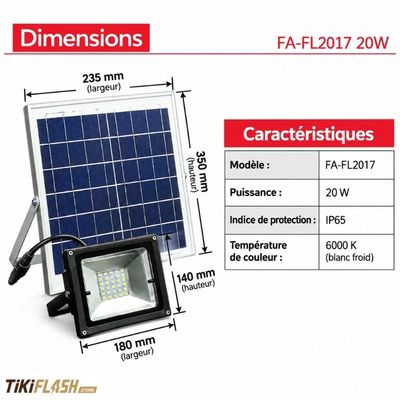 Projecteur solaire LED 20 W – 2 000 lumens