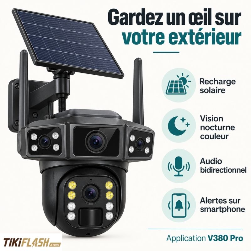Caméra solaire WiFi  4 MP — 4G SIM, double objectif, audio bidirectionnel 2160P
