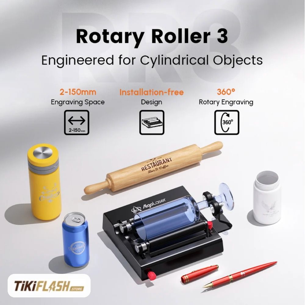 Rouleau rotatif AlgoLaser RR3 – Pour graveur laser Pixi, gravure à 360° des objets ronds et longs