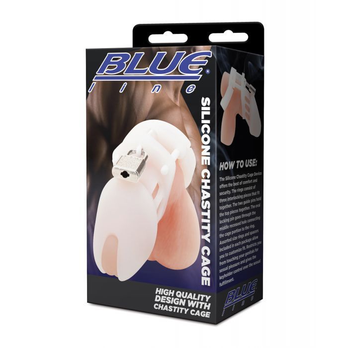 Blue Line Silicone Chastity Cage, Color: White