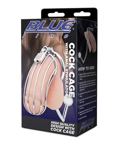 Blue Line Cock Cage w/Anal Stimulator, Color: Silver