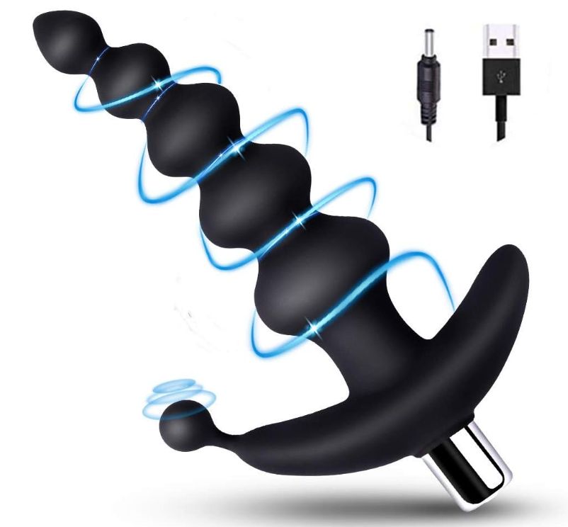 Anal Beads Butt Plug w Rechargable Bullet Vibrator, Color: Black, Variation1: Rechargeable