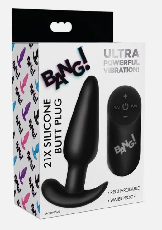 Bang! 21X Vibrating Silicone Butt Plug w/Remote, Color: Black