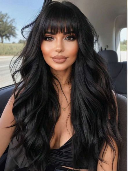 26 Inch Long Wavy Black Wig w Bangs