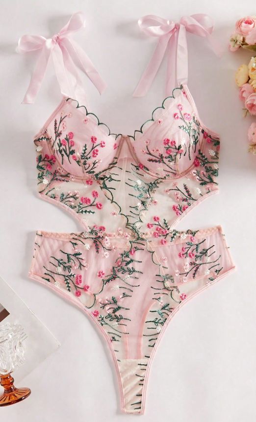 Floral Embroidery Pink Bodysuit