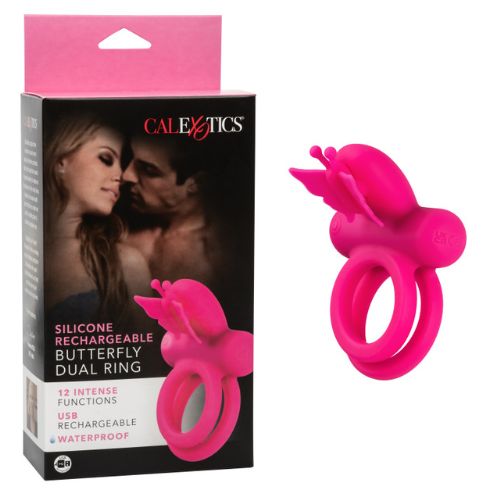 Silicone Rechargeable Butterfly Dual Ring, Color: Pink