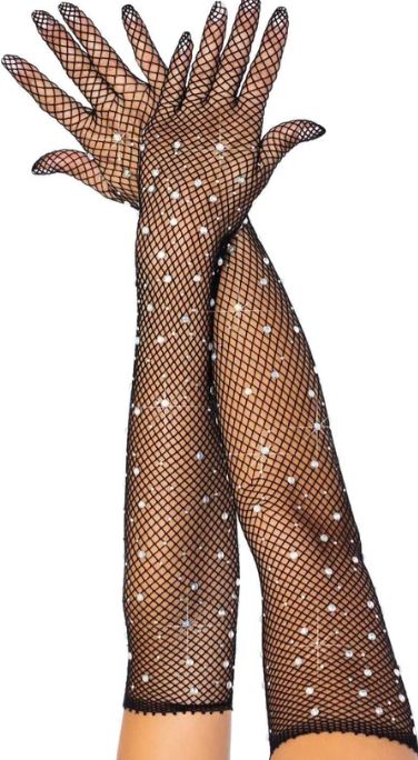 Rhinestone Fishnet Long Gloves, Color: Black