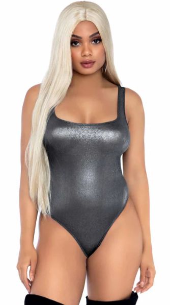 Shimmer Snap Crotch Thong Bodysuit, Color: Silver, Size: S/M