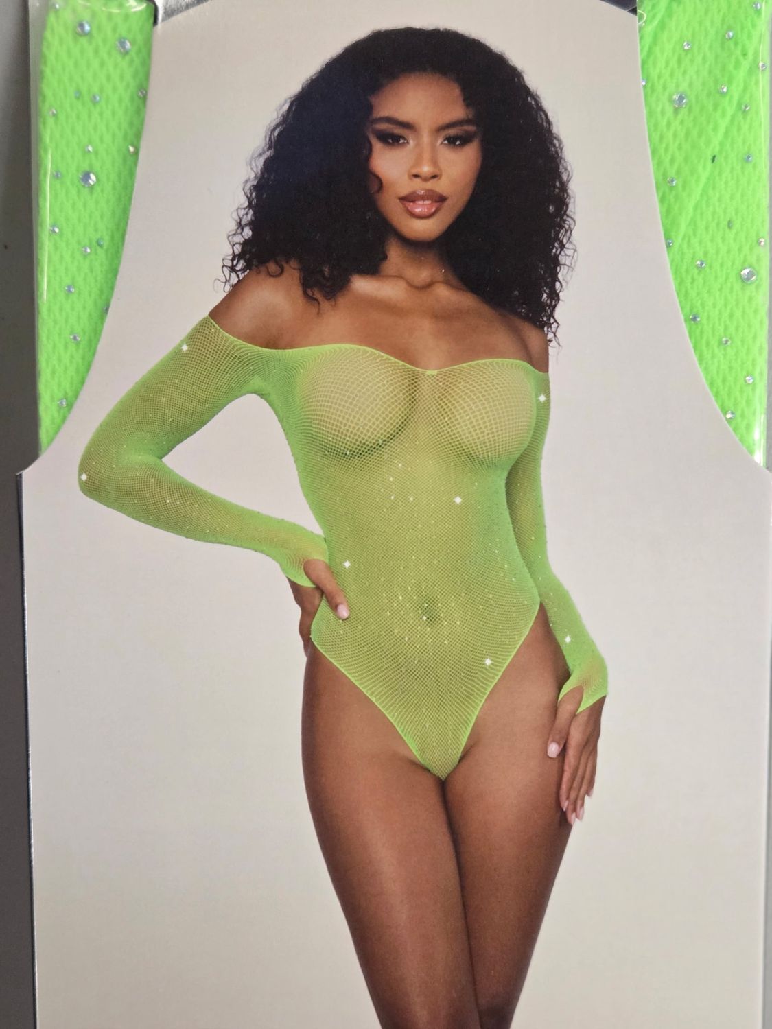Rhinestone Off Shoulder Bodystocking, Color: Lime
