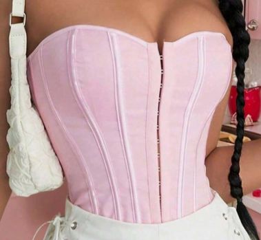 Pink Cropped Bustier Tube Top, Front Hook Closure, Back Tie