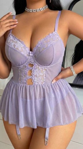 2pcs Plus Size Lace Contrast Mesh Lingerie Dress + G-String Set