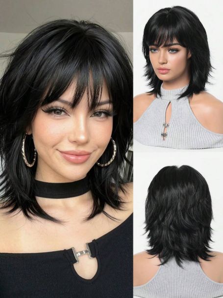12 Inch Short Straight Black Shoulder Length Layered Wig With Bangs
