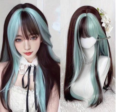 Long Straight Green Highlighted Black &amp; Brown Synthetic Wig With Bangs