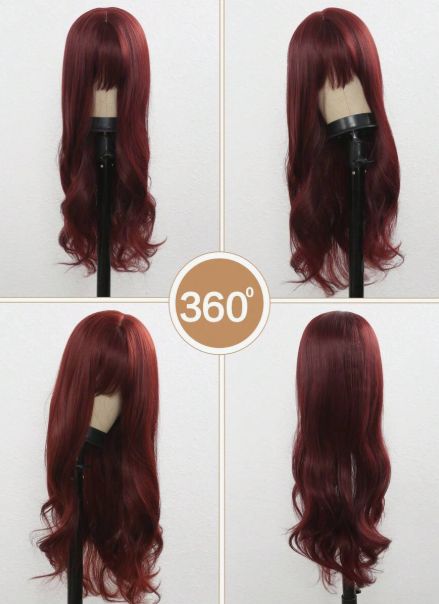 26 Inch Burgundy Long Curly Wigs With Bangs