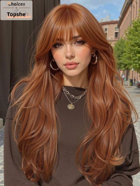 26 Inch Reddish Brown Copper Colored Long Curly Wig With Bangs