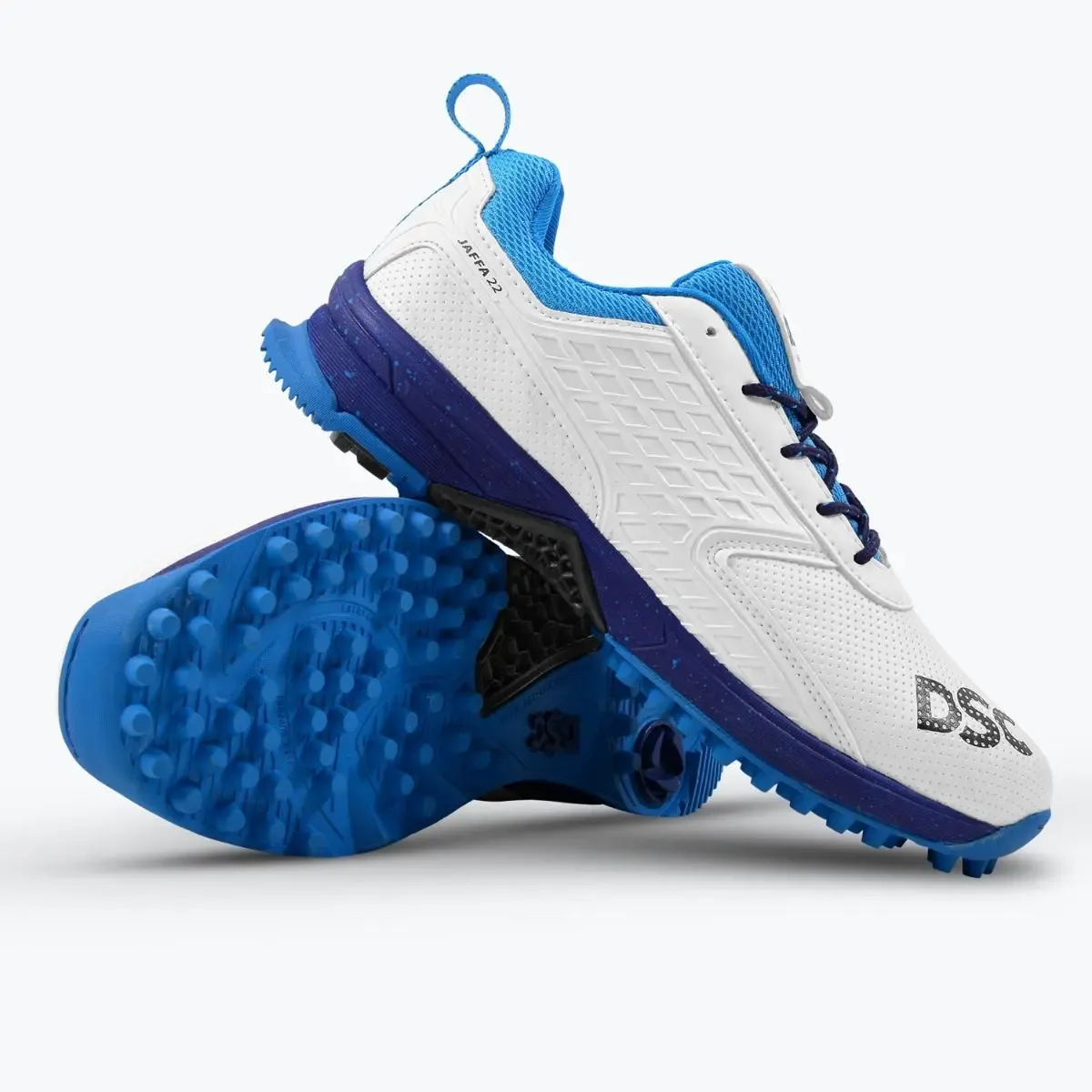 DSC Jaffa 22 Cricket Shoes White/Navy Blue | Rubber Spikes, Shoe Size: UK10/US11