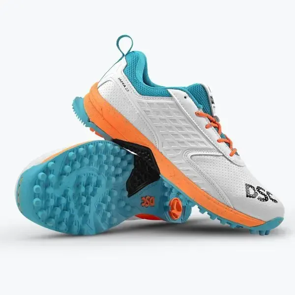 DSC Jaffa 22 Cricket Shoes - White/Orange | Rubber Spikes, Shoe Size: UK10/US11