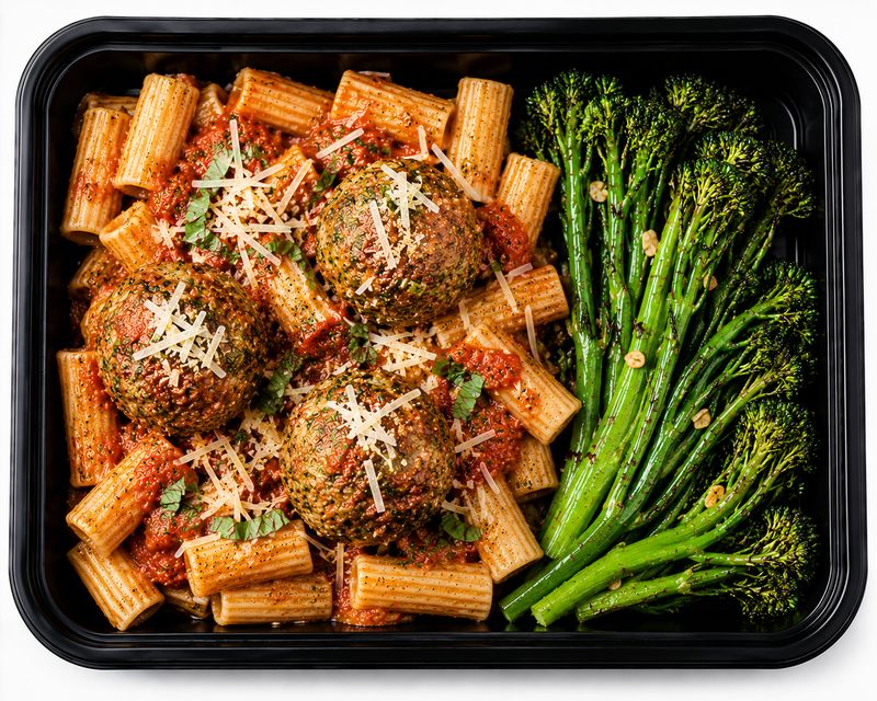 Pesto Parmesan Meatballs &amp; Rigatoni Pasta