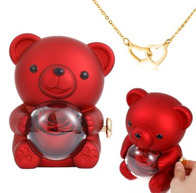 Genuine Rose Bear Gift Box with Heart Necklace