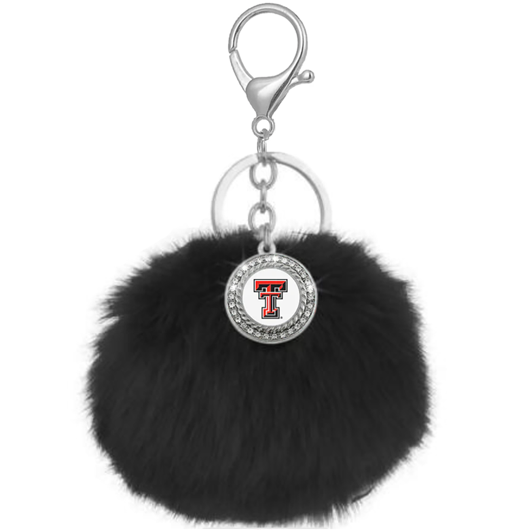 Pom Pom Keychain with Circle Rhinestone , Color: Black