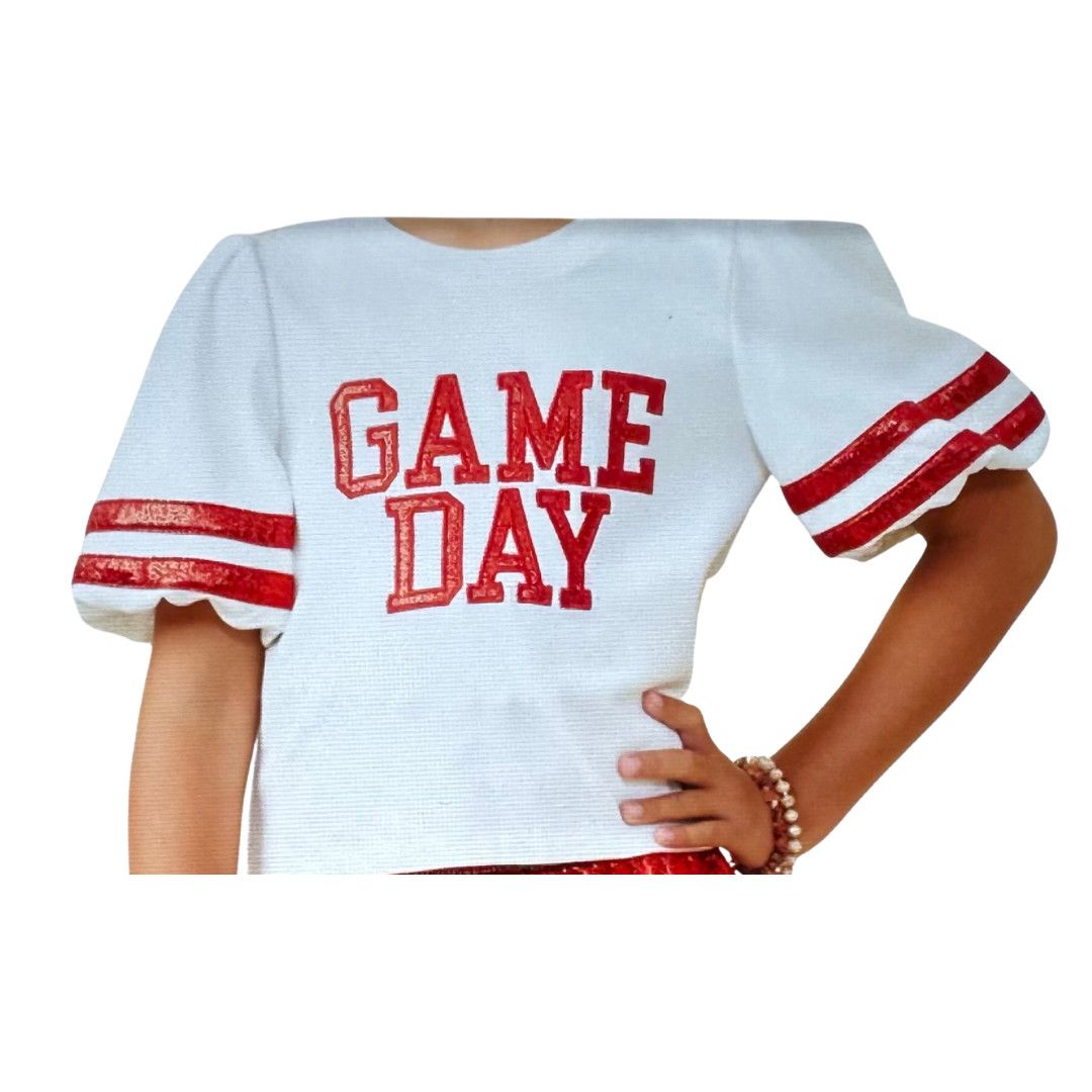 Game Day Girls Balloon Sleeve Top, Color: White/Red, Size: SM (6-8)