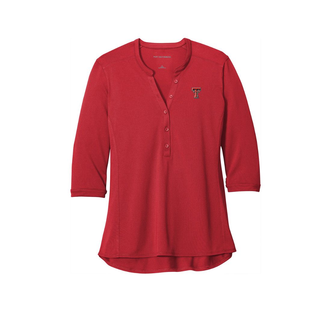 Ladies Pique Henley 3/4 Sleeve Top, Color: Red, Size: SM