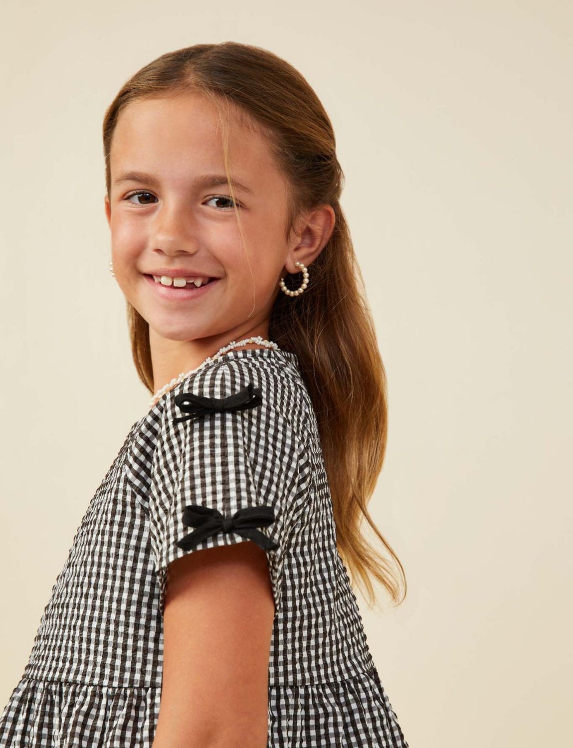 Girls Ribbon Gingham Babydoll Top