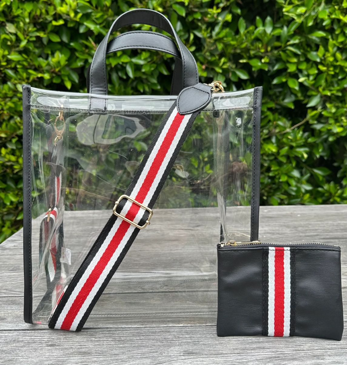 Charlotte Black Clear Tote With Striped Strap
