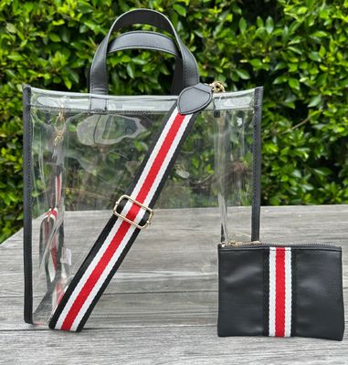 Charlotte Black Clear Tote With Striped Strap