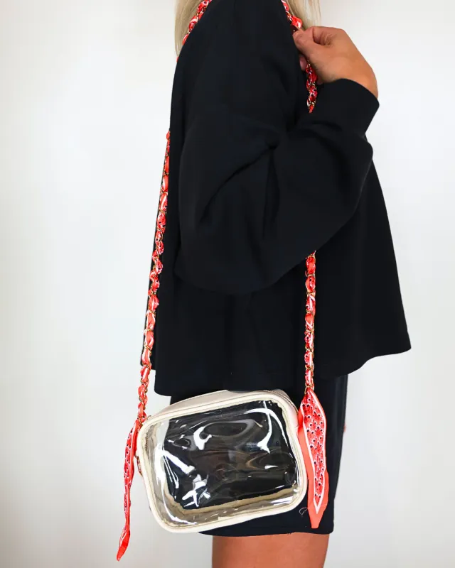 Woven Scarf Chain Purse Strap - Black/Red