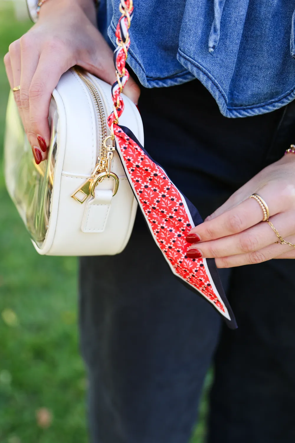 Woven Scarf Chain Purse Strap - Black/Red
