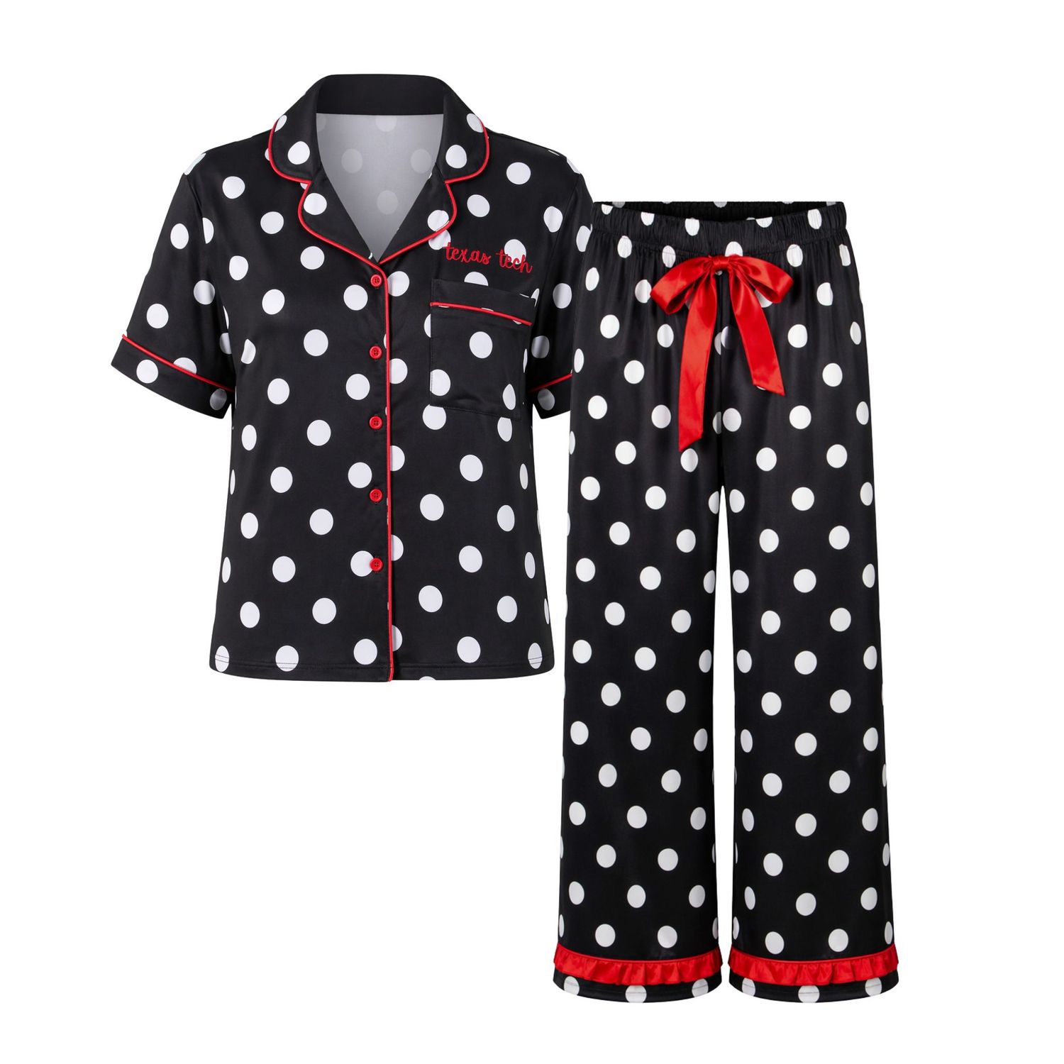 Polka Dot Ruffle Pajama Set  , Color: Black, Size: SM