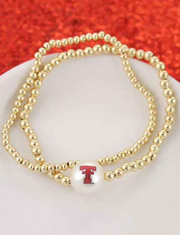 Gold Bead &amp; Double T Pearl Bracelet
