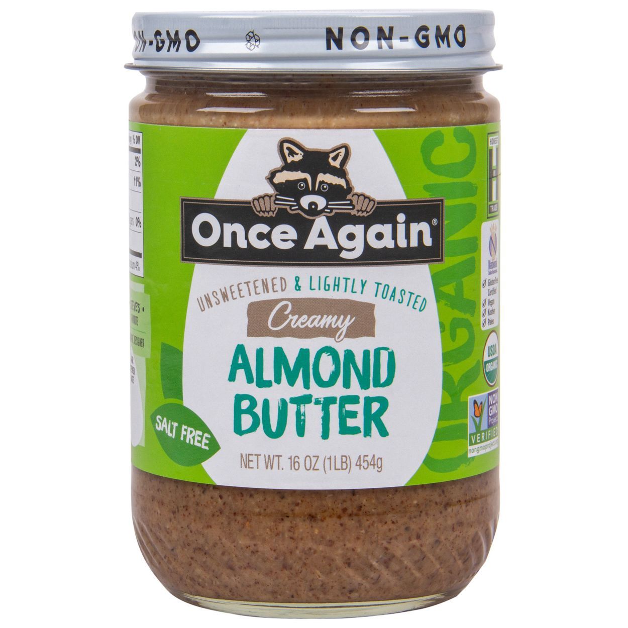 ALMOND BUTTER, ROASTED, SMOOTH, UNSWEETENED, no salt, ONCE AGAIN - 16 oz Glass Jar