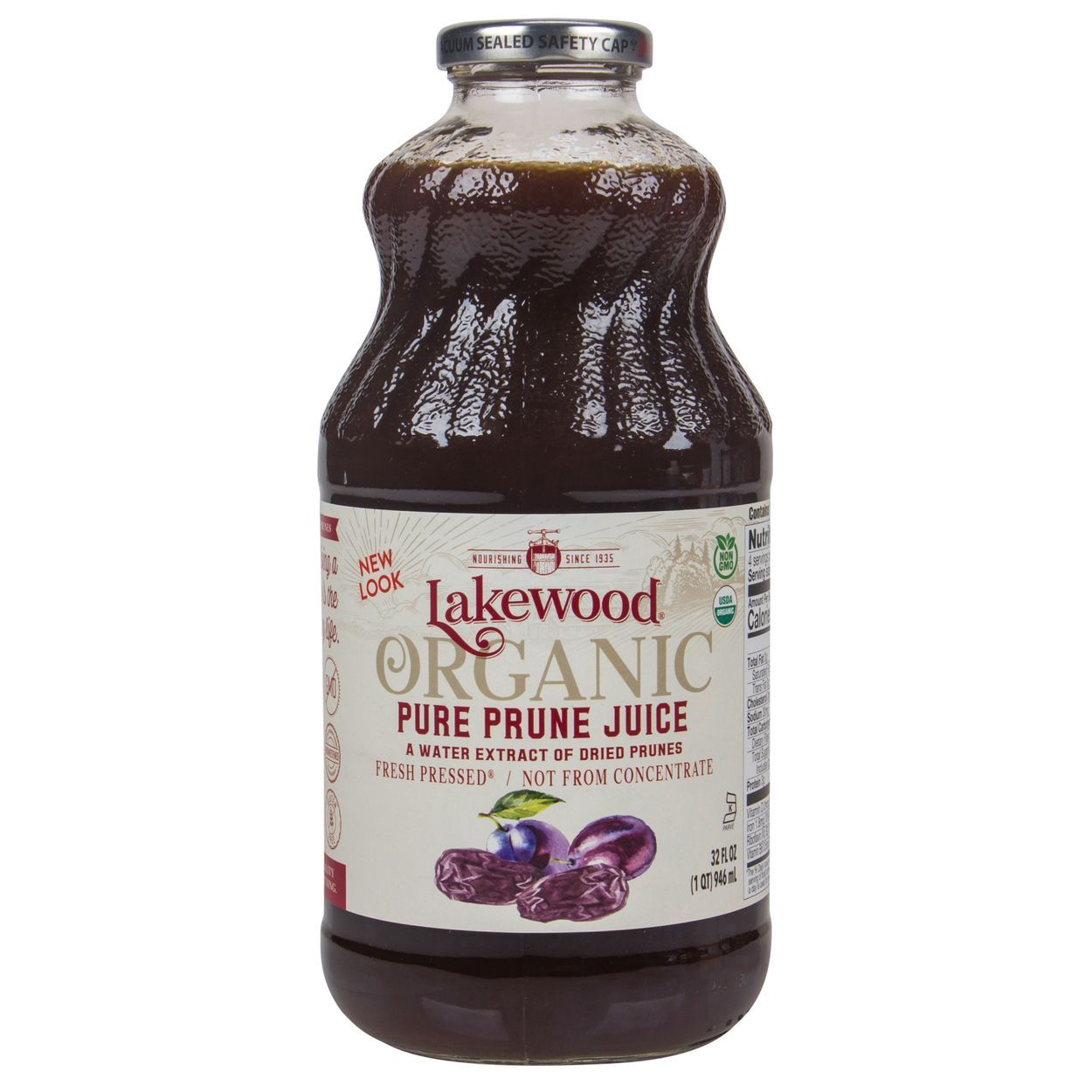 JUICE, PURE PRUNE, Organic, LAKEWOOD, 32 fl oz GLASS BOTTLE