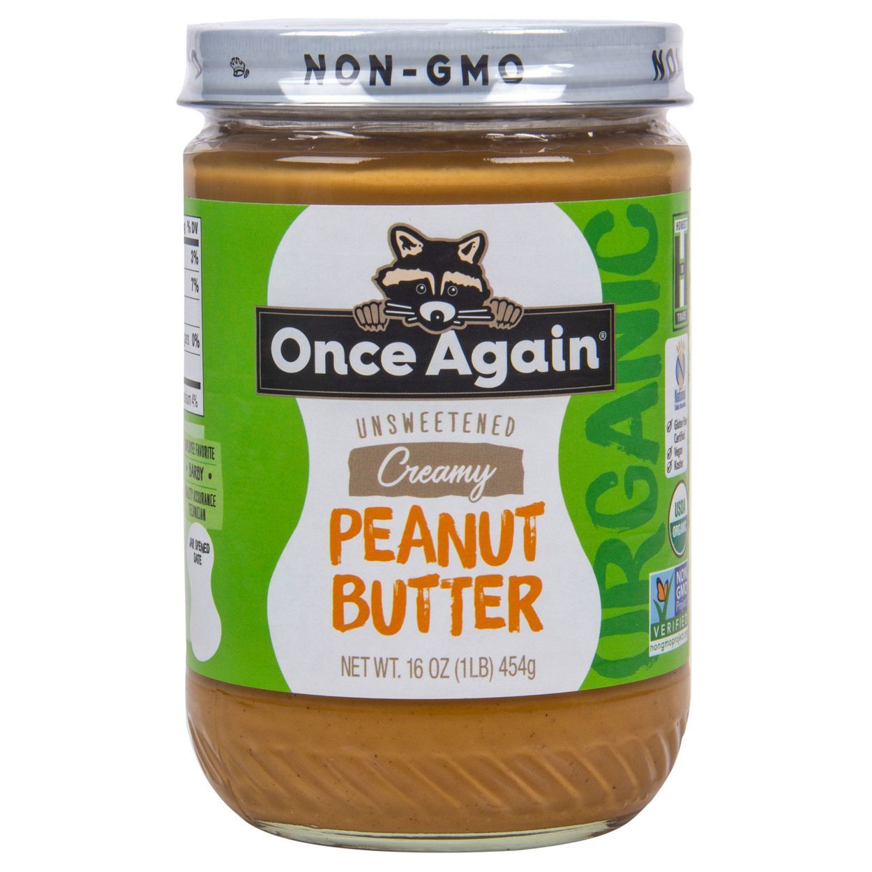 PEANUT BUTTER, CREAMY, Unsweetened, SALTED, ORGANIC, Once Again - 16 oz Glass
