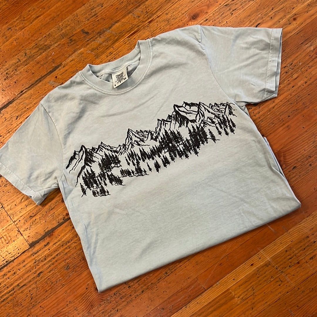 Mountain Sketch Comfort Colors Short Sleeve Tee, Color: Sage Green, Size: Small, Style: Forks