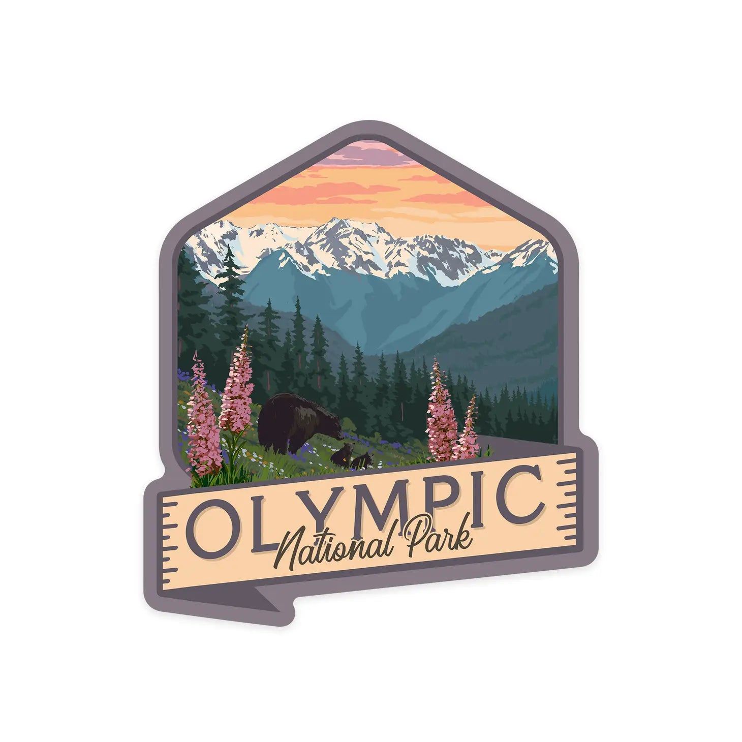 Vinyl Sticker Olympic National Park, Washington - Bear Family and Spring Flowers