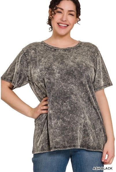 Acid Washed Short Sleeve Top Curvy, Color: Ash Black, Size: 1X