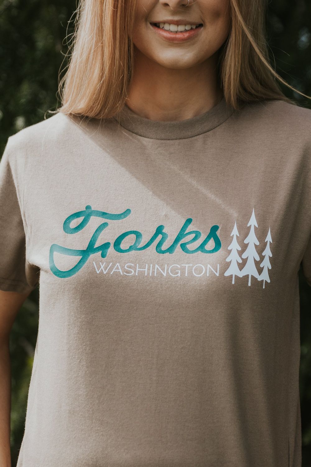 Forks, WA Trees Design, Color: Light Brown, Size: Small, Style: Tee