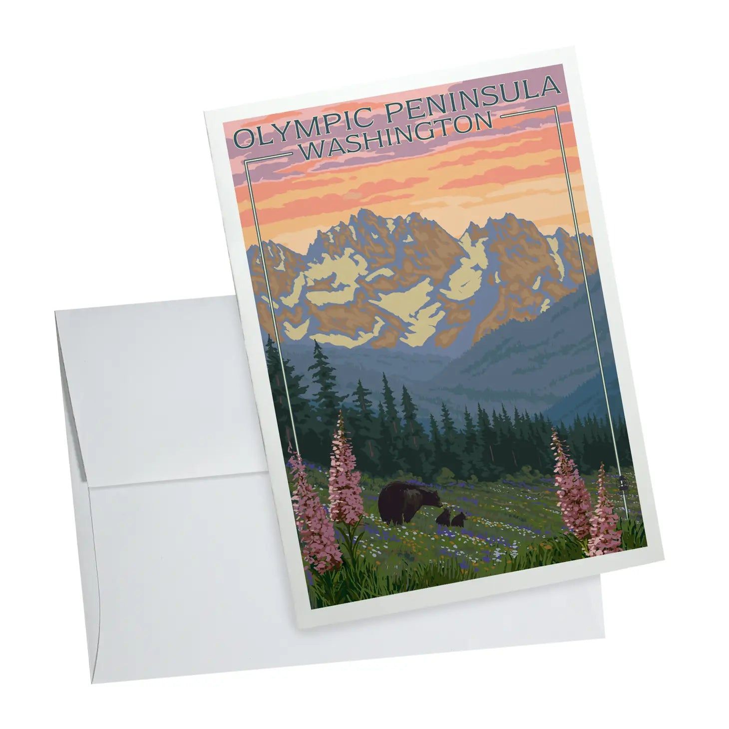 Olympic National Park, Washington - Bear Family and Spring Flowers Notecard