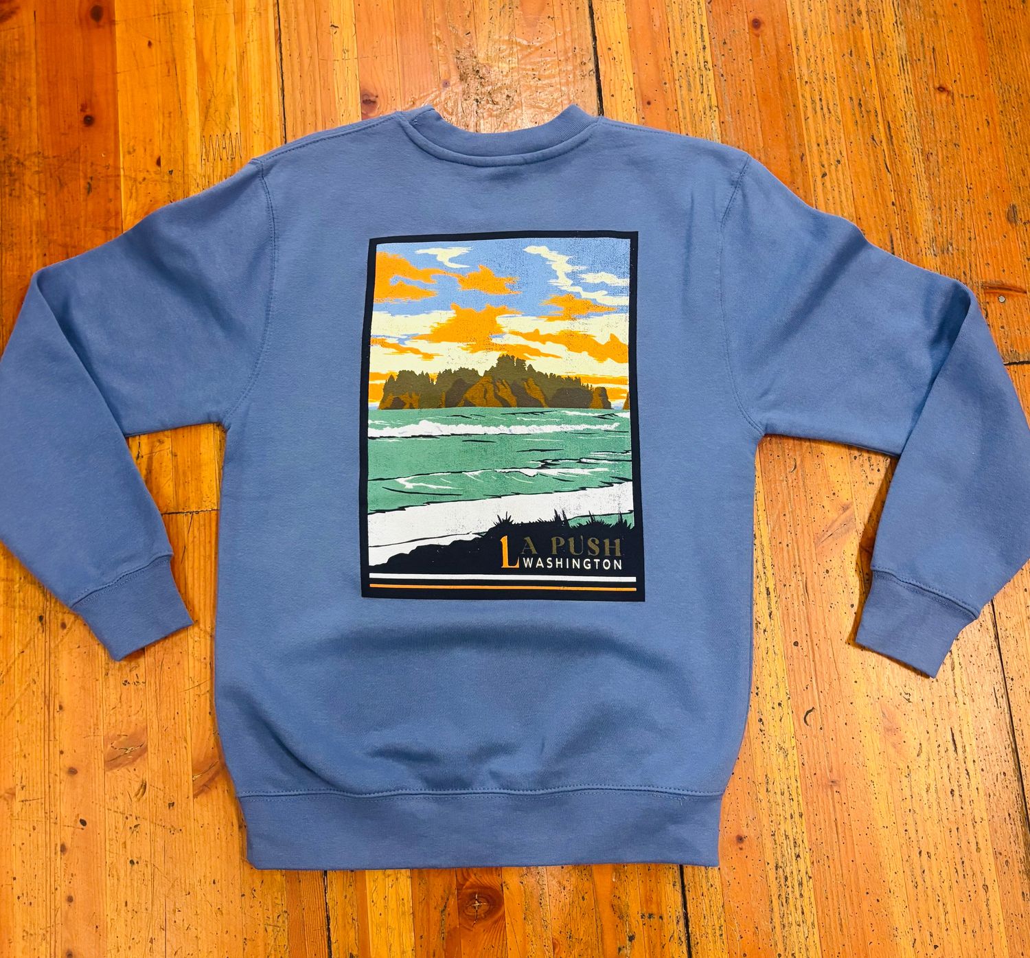 Olympic National Park La Push, Beach Crewneck Sweater, Color: Denim, Size: X-Small